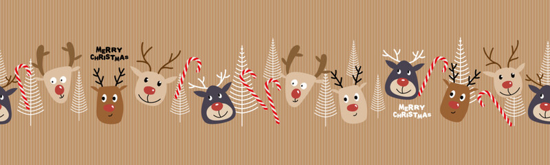 Christmas endless border. Funny deer, a caramel cane and a Christmas tree. Seamless repeat pattern. Cartoon doodles. Vector pattern, design for textiles, packaging, paper on a beige striped background