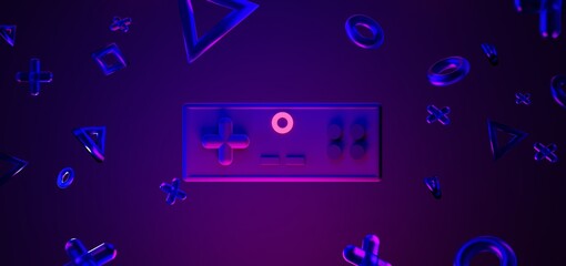 gaming background abstract wallpaper, cyberpunk style scifi game, neon glow of stage scene in pedestal room, 3d illustration rendering © Kantapon