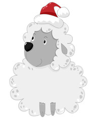 Cute sheep in hat with christmas gift. Vector illustration