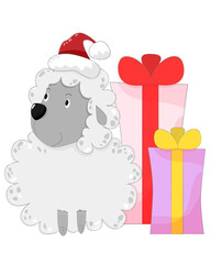 Obraz na płótnie Canvas Cute sheep in hat with christmas gift. Vector illustration