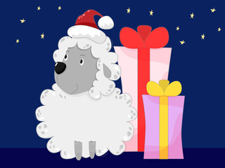 Cute sheep in hat with christmas gift