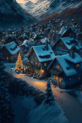 Swiss Alps village with Christmas lights at winter sunrise with mountains at the background from the above. AI generated