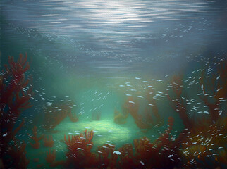 Paintings sea landscape. Underwater world, under the ocean, background with painting