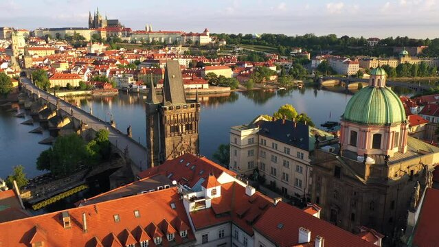 Aerial of Mala Strana Prague city during sunrise Czech Republic