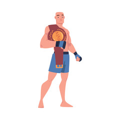 Mixed Martial Arts with Man Fighter in Shorts and Boxing Gloves Holding Belt Vector Illustration