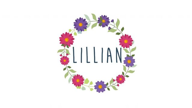 lillian girls name motion animation concept.woman name with floral wreath