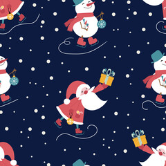 Obraz na płótnie Canvas Christmas endless pattern with Santa Claus and a snowman on a dark background. A hand-drawn character for textiles, paper. Seamless vector background. Seamless Repeat Pattern. Cartoon doodles.