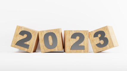 3d render happy new year 2023 on cube wood