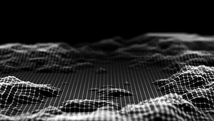 Abstract digital grid landscape background. Futuristic retro mountains backdrop. Big data visualization. For website and banner design. 3D rendering.