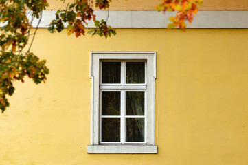 Fototapeta na wymiar Yellow wall with an old white window and autumn leaves
