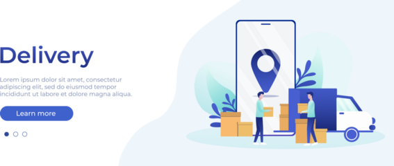 Delivery concept. Website page vector layout. Illustration in a flat style. Delivery Truck and man with boxes. PNG image