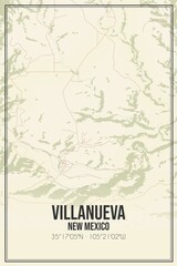 Retro US city map of Villanueva, New Mexico. Vintage street map.