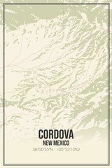Retro US city map of Cordova, New Mexico. Vintage street map.