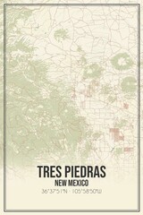 Retro US city map of Tres Piedras, New Mexico. Vintage street map.
