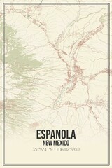 Retro US city map of Espanola, New Mexico. Vintage street map.