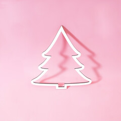 The white shape of a Christmas tree against pink background. Minimal concept for season greetings card or banner. Design for Christmas advertisement. Copy space