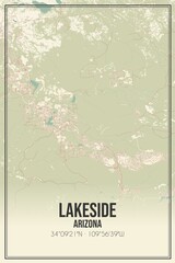 Retro US city map of Lakeside, Arizona. Vintage street map.