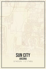 Retro US city map of Sun City, Arizona. Vintage street map.