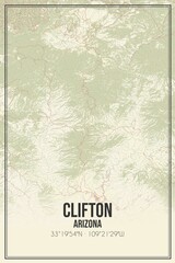 Retro US city map of Clifton, Arizona. Vintage street map.