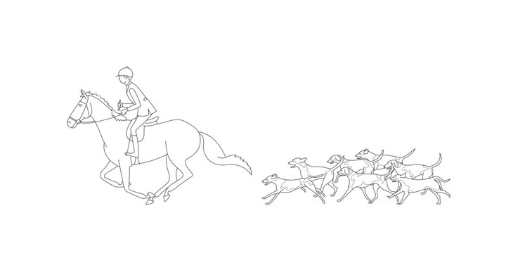 horse rider and dogs running, black outline clip art preview