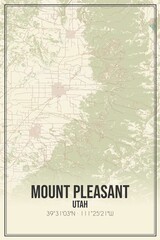 Retro US city map of Mount Pleasant, Utah. Vintage street map.