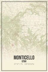 Retro US city map of Monticello, Utah. Vintage street map.