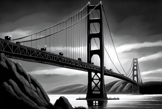 An image in grayscale of the Golden Gate Bridge. Generative AI