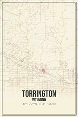 Retro US city map of Torrington, Wyoming. Vintage street map.
