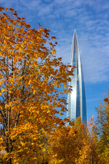 SAINT-PETERSBURG, RUSSIA - SEPTEMBER 2022. LAHTA CENTER IN AUTUMN TREES