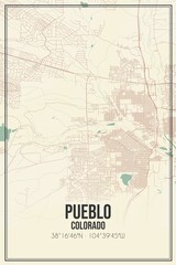 Retro US city map of Pueblo, Colorado. Vintage street map.