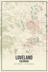 Retro US city map of Loveland, Colorado. Vintage street map.