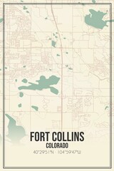 Retro US city map of Fort Collins, Colorado. Vintage street map.