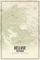 Retro US city map of Bellvue, Colorado. Vintage street map.