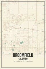 Retro US city map of Broomfield, Colorado. Vintage street map.