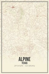 Retro US city map of Alpine, Texas. Vintage street map.