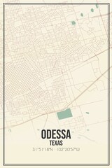 Retro US city map of Odessa, Texas. Vintage street map.