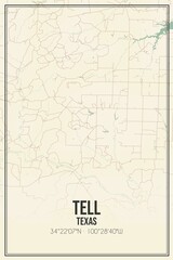 Retro US city map of Tell, Texas. Vintage street map.