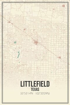 Retro US city map of Littlefield, Texas. Vintage street map.