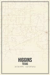 Retro US city map of Higgins, Texas. Vintage street map.