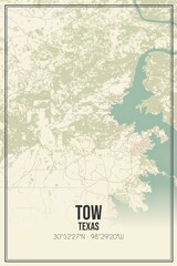 Retro US city map of Tow, Texas. Vintage street map.