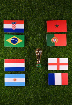 December 6, 2022, Doha, Qatar. Flags of the Fifa World Cup quarter-finals of the national teams of Croatia, Brazil, Morocco, Portugal, Netherlands, Argentina, England and France.