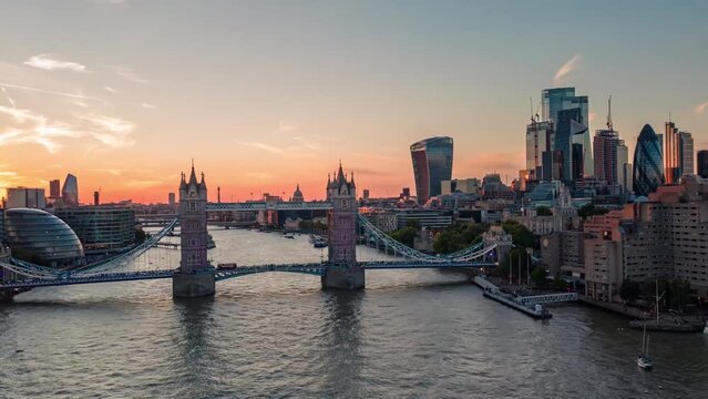 Establishing Aerial Drone Helicopter View Of Tower Bridge London City Skyline The Shard And Thames River Hyperlapse Time Lapse View Of London Skyscraper UK, United Kingdom