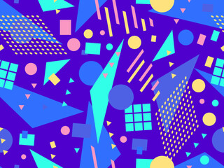 Obraz premium Memphis seamless pattern with geometric shapes in 80s style. Colorful geometric shapes on a blue background. Design of promotional products, wrapping paper and printing. Vector illustration