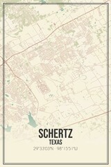 Retro US city map of Schertz, Texas. Vintage street map.