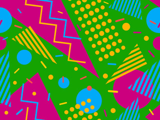 Geometric seamless pattern in 80s memphis style. Colorful background with geometric shapes. Design for promotional products, wrapping paper, brochures and printing. Vector illustration