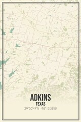 Retro US city map of Adkins, Texas. Vintage street map.