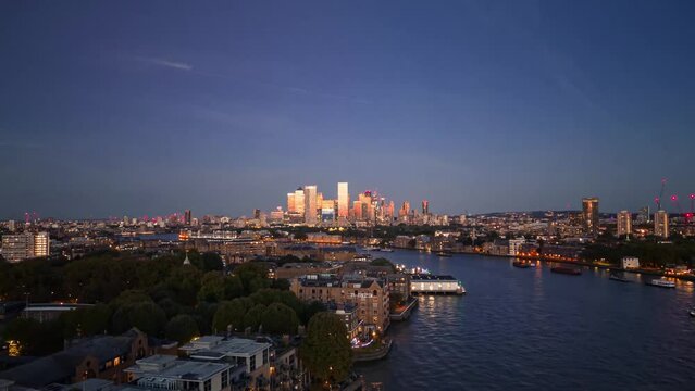 Aerial Drone Panoramic View City of London Skyline Canary Wharf London Financial, Business And Banking Institutions Ans Thames River Hyper-lapse Time Lapse View Of London Skyscraper UK United Kingdom