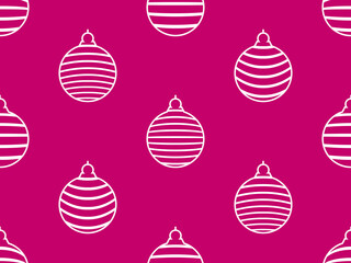 Seamless pattern with white outlines of Christmas balls on a Viva magenta background. Contour of striped white Christmas balls. Xmas design for greeting card and banner. Vector illustration