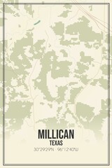 Retro US city map of Millican, Texas. Vintage street map.