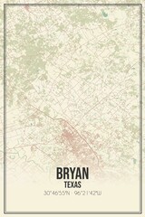 Retro US city map of Bryan, Texas. Vintage street map.